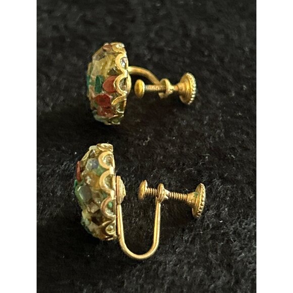 Vintage Multi-Stone Screw Back Earrings Gold-Tone Mid-Century Style Round Shape - Picture 2 of 6